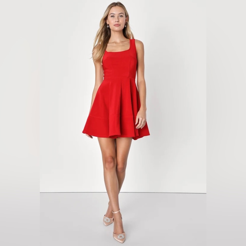 Lulu’s Home Before Daylight Red Square Neck Sleeveless Fit and Flare Dress HOCO
